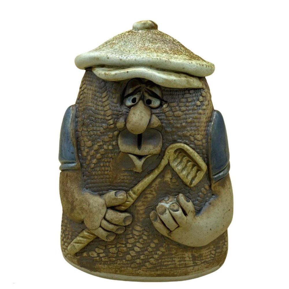 Mahon Art Face Pottery Golfer Wearing Golf Hat Club Signed Bank Big Cork